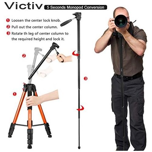  Victiv 72-inch Tall Tripod for Camera Phone, Durable Aluminum Stand Lightweight Monopod for YouTube Videos, Live Webcasts with 2 Quick Release Plates 12 lbs Load for Travel and Wor