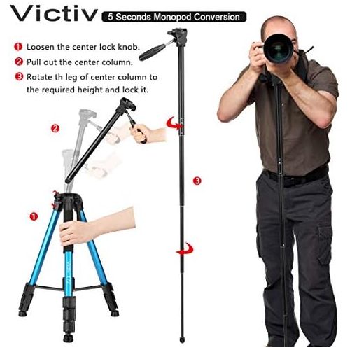  Victiv 72-inch Camera Tripod Aluminum T72 with Phone Tripod Mount- Lightweight Tripod & Monopod Compact for Travel with 2 Quick Release Plates for Canon Nikon DSLR Video Shooting -