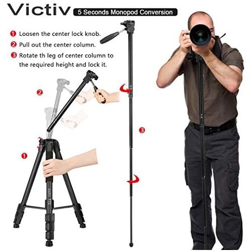  [아마존베스트]Victiv 182 cm Camera Tripod Aluminium Monopod T72 - Lightweight and Compact Travel Tripod for Travelling with 360° Panorama Ball Head and 2 Quick Release Plates for SLR Camera - Bl