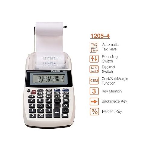  Victor 1205-4 12 Digit Portable Palm/Desktop Commercial Printing Calculator, 1.8