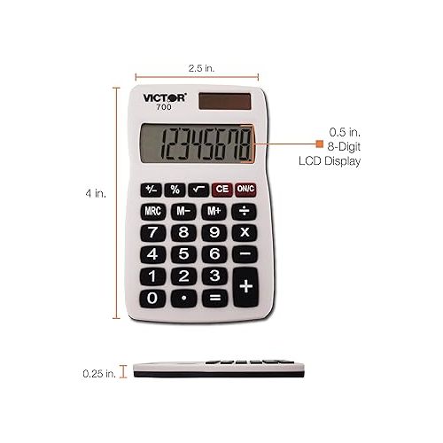  Victor 700 8 Digit Pocket Calculator, White, Great for carrying in backpacks, purses and breifcases