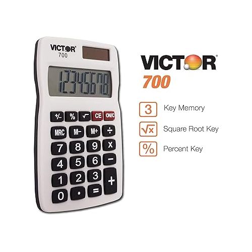  Victor 700 8 Digit Pocket Calculator, White, Great for carrying in backpacks, purses and breifcases