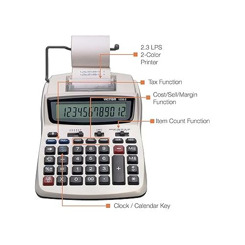  Victor Printing Calculator, 1208-2 Compact and Reliable Adding Machine with 12 Digit LCD Display, Battery or AC Powered, Includes Adapter,White