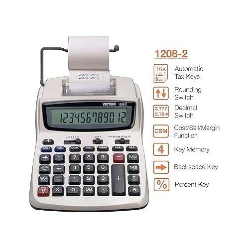  Victor Printing Calculator, 1208-2 Compact and Reliable Adding Machine with 12 Digit LCD Display, Battery or AC Powered, Includes Adapter,White