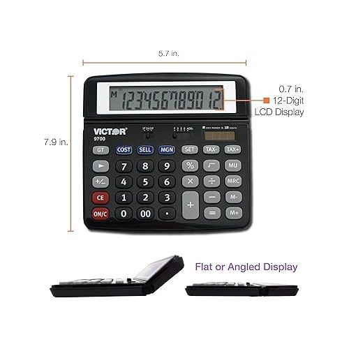  Victor 9700 12-Digit Standard Function Business Calculator, Battery and Solar Hybrid Powered Tilt LCD Display, Great for Home and Office Use, Black