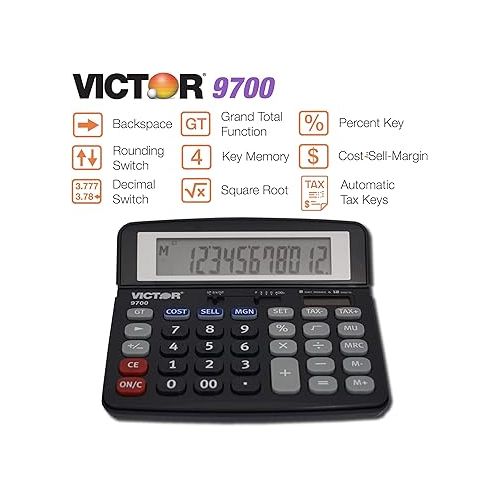  Victor 9700 12-Digit Standard Function Business Calculator, Battery and Solar Hybrid Powered Tilt LCD Display, Great for Home and Office Use, Black