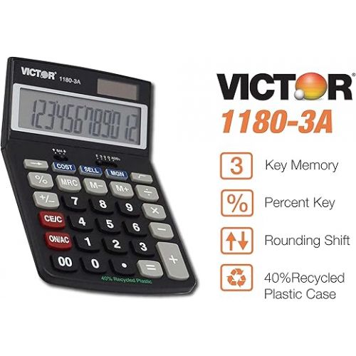  Victor 1180-3A 12-Digit Standard Function Calculator, Battery and Solar Hybrid Powered Adjustable Angle LCD Display, Great for Home and Office Desks, Black