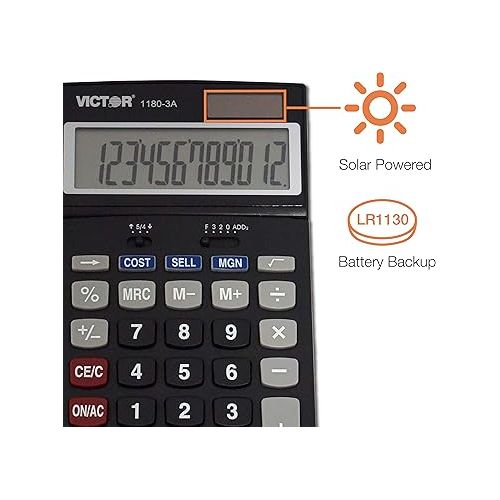  Victor 1180-3A 12-Digit Standard Function Calculator, Battery and Solar Hybrid Powered Adjustable Angle LCD Display, Great for Home and Office Desks, Black