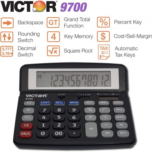  Victor 9700 12-Digit Standard Function Business Calculator, Battery and Solar Hybrid Powered Tilt LCD Display, Great for Home and Office Use, Black