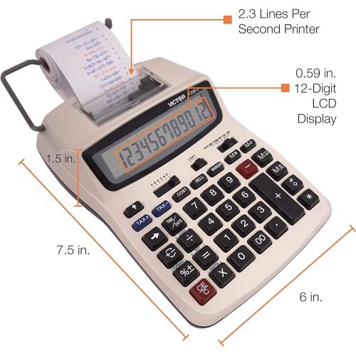  Victor Printing Calculator, 1208-2 Compact and Reliable Adding Machine with 12 Digit LCD Display, Battery or AC Powered, Includes Adapter,White