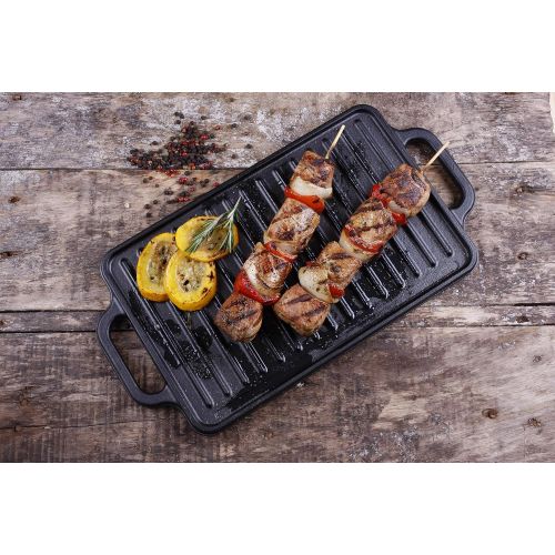  Victoria Rectangular Cast Iron Double Burner, Reversible Griddle Grill Seasoned with 100% Kosher Certified Non-GMO Flaxseed Oil, 13 x 8,3 Inch, Black