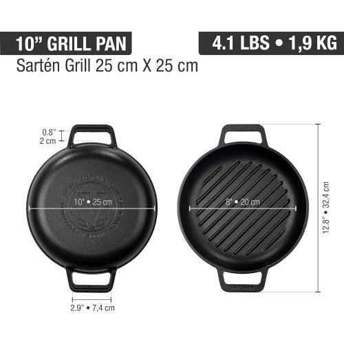  Victoria Cast Iron Round Grill Pan with Double Loop Handles Seasoned with 100% Kosher Certified Non-GMO Flaxseed Oil, 10 Inch, Black