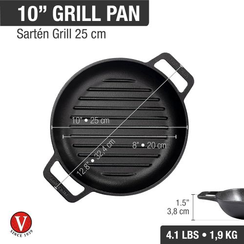  Victoria Cast Iron Round Grill Pan with Double Loop Handles Seasoned with 100% Kosher Certified Non-GMO Flaxseed Oil, 10 Inch, Black