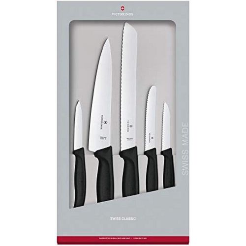  Victorinox Swiss Classic Kitchen Knife Set, 5 Pieces - Paring Knives, Utility Knife, Carving Knife and Bread Knife - Black