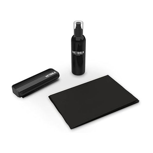  Victrola 'The Kit' - A Vinyl Record Cleaning Kit, Doubles as a Record Stand, Includes Anti-Static Brush, Cleaning Solution, Cloth, Espresso Wood Finish Stand with Smart Black Metal Accents