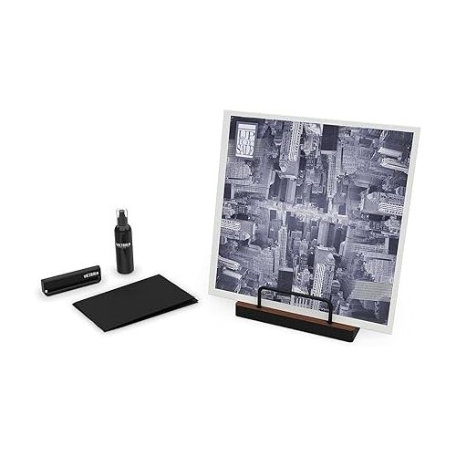  Victrola 'The Kit' - A Vinyl Record Cleaning Kit, Doubles as a Record Stand, Includes Anti-Static Brush, Cleaning Solution, Cloth, Espresso Wood Finish Stand with Smart Black Metal Accents