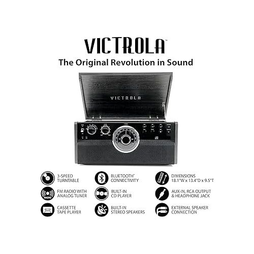  Victrola Empire Mid-Century 6-in-1 Turntable with 3 Speed Record Player, Bluetooth Connectivity, Radio, Cassette and CD Player (Espresso)