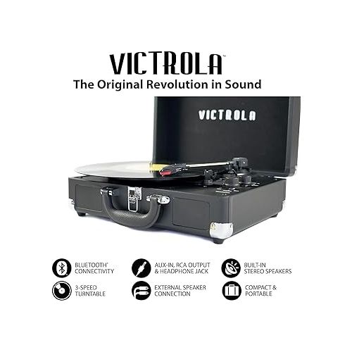  Victrola Vintage 3-Speed Bluetooth Portable Suitcase Record Player with Built-in Speakers | Upgraded Turntable Audio Sound|Black, Model Number: VSC-550BT-BK