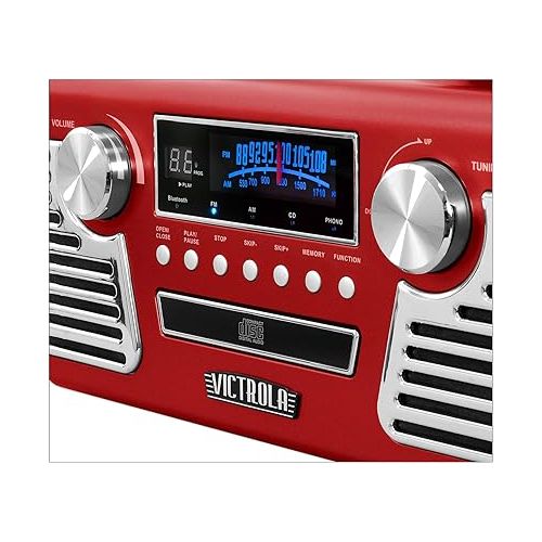  Victrola 50's Retro Bluetooth Record Player & Multimedia Center with Built-in Speakers - 3-Speed Turntable, CD Player, AM/FM Radio | Wireless Music Streaming | Red