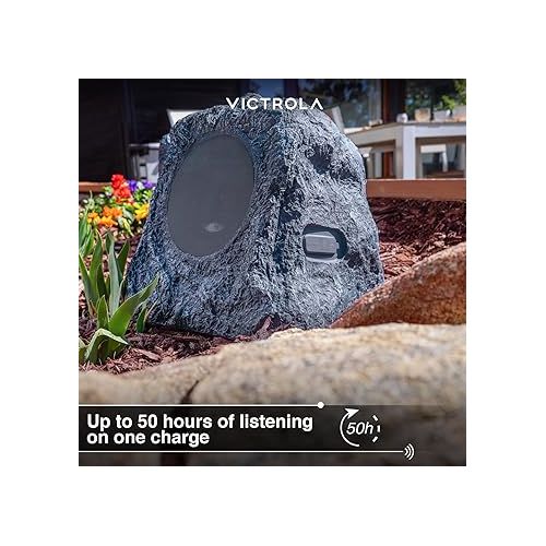  Victrola Outdoor Rock Speaker Pair - Wireless Bluetooth , for Garden, Patio, Waterproof, Built all Seasons & Solar Powered with Rechargeable Battery, Music Streaming Charcoal