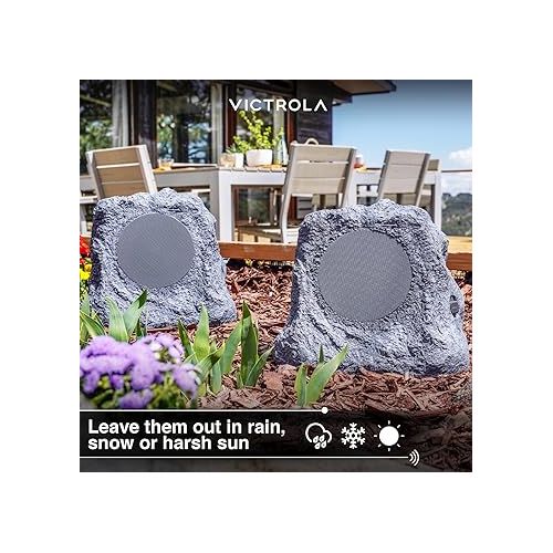  Victrola Outdoor Rock Speaker Pair - Wireless Bluetooth , for Garden, Patio, Waterproof, Built all Seasons & Solar Powered with Rechargeable Battery, Music Streaming Charcoal