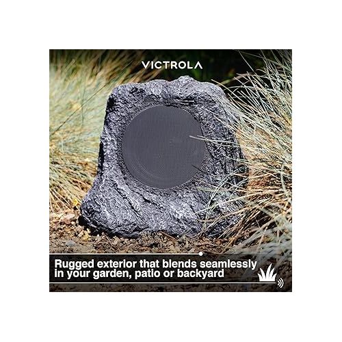  Victrola Outdoor Rock Speaker Pair - Wireless Bluetooth , for Garden, Patio, Waterproof, Built all Seasons & Solar Powered with Rechargeable Battery, Music Streaming Charcoal