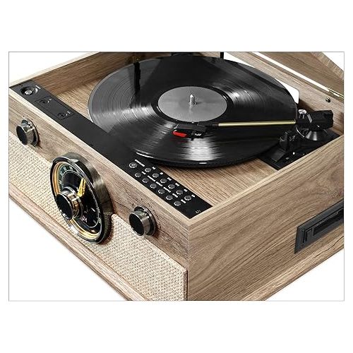  Victrola Brookline Style 6-in-1 Bluetooth Record Player & Multimedia Center with Built-in Speakers - 3-Speed Turntable, CD & Cassette Player, FM Radio, Wireless Music Streaming, Farmhouse Oatmeal