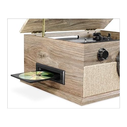  Victrola Brookline Style 6-in-1 Bluetooth Record Player & Multimedia Center with Built-in Speakers - 3-Speed Turntable, CD & Cassette Player, FM Radio, Wireless Music Streaming, Farmhouse Oatmeal
