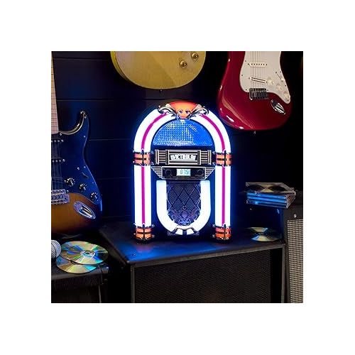  Victrola Nostalgic Wood Countertop Jukebox with Built-in Bluetooth Speaker, 50's Retro Vibe, 5 Bright Color-Changing LED Tubes, FM Radio, Wireless Music Streaming, AM/FM Radio, Aux Input