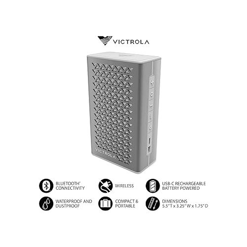  Victrola Music Edition 1 Portable Bluetooth Speaker, IP67 Water and Dust Resistant, 12 Hour Battery Life, Multi-Speaker Pairing, Premium Sound and Passive Bass Radiator, Silver