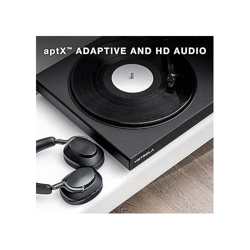  Victrola Hi-Res Black Vinyl Record Player, Audio Technica AT-VM95E Cartridge, aptX Adaptive Bluetooth Connectivity, Gold Plated RCA & Preamp Output, Stylish Sleek Bluetooth Turntable
