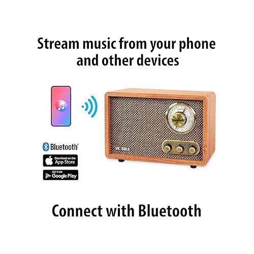  Victrola Retro Wood Bluetooth Radio with Built-in Speakers, Elegant & Vintage Design, Rotary AM/FM Tuning Dial, Wireless Streaming, Natural