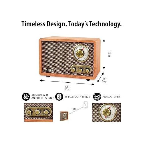  Victrola Retro Wood Bluetooth Radio with Built-in Speakers, Elegant & Vintage Design, Rotary AM/FM Tuning Dial, Wireless Streaming, Natural