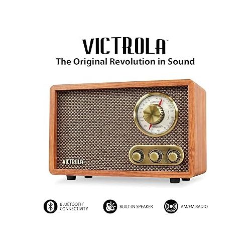  Victrola Retro Wood Bluetooth Radio with Built-in Speakers, Elegant & Vintage Design, Rotary AM/FM Tuning Dial, Wireless Streaming, Natural