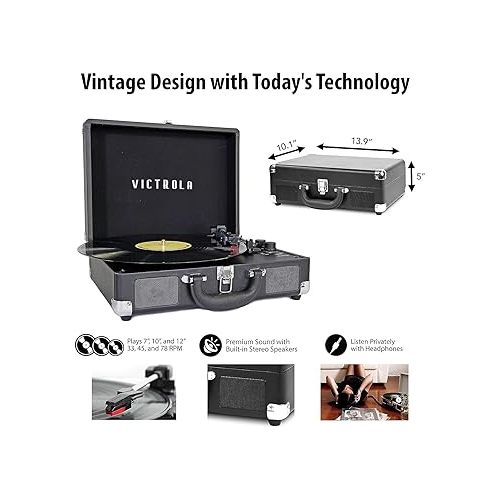  Victrola Parker Bluetooth Suitcase Record Player with 3-speed Turntable, Black