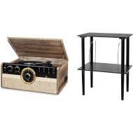Victrola VTA-270B-FNT Empire Bluetooth 6 in 1 Music Center (33/45/78) (Farmhouse Walnut) & Wooden Stand for Wooden Music Centers with Record Holder Shelf, Black