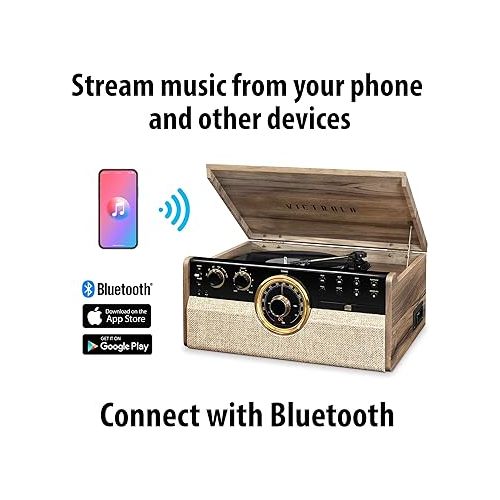  Victrola VTA-270B-FNT Empire Bluetooth 6 in 1 Music Center (33/45/78) (Farmhouse Walnut) & Wooden Stand for Wooden Music Centers with Record Holder Shelf, Black