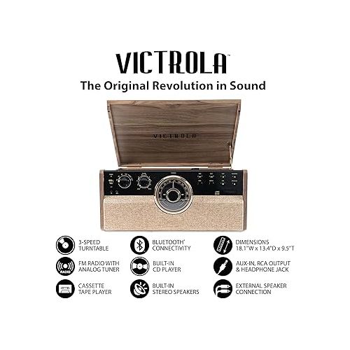  Victrola VTA-270B-FNT Empire Bluetooth 6 in 1 Music Center (33/45/78) (Farmhouse Walnut) & Wooden Stand for Wooden Music Centers with Record Holder Shelf, Black