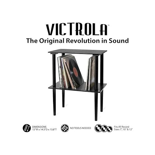  Victrola Navigator 8-in-1 Classic Bluetooth Record Player with USB Encoding and 3-Speed Turntable Bundle with Victrola Wooden Stand for Wooden Music Centers with Record Holder Shelf, Black