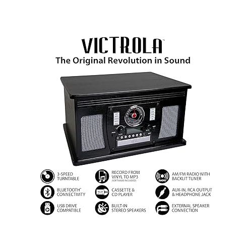  Victrola Navigator 8-in-1 Classic Bluetooth Record Player with USB Encoding and 3-Speed Turntable Bundle with Victrola Wooden Stand for Wooden Music Centers with Record Holder Shelf, Black