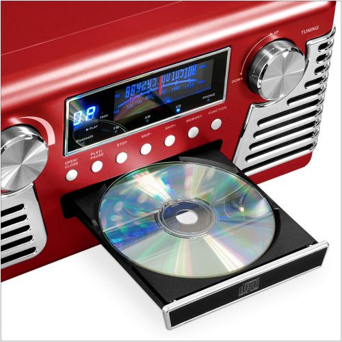  [아마존베스트]Victrola 50s Retro 3-Speed Bluetooth Turntable with Stereo, CD Player and Speakers, Red