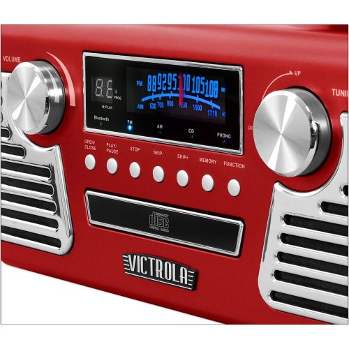  [아마존베스트]Victrola 50s Retro 3-Speed Bluetooth Turntable with Stereo, CD Player and Speakers, Red