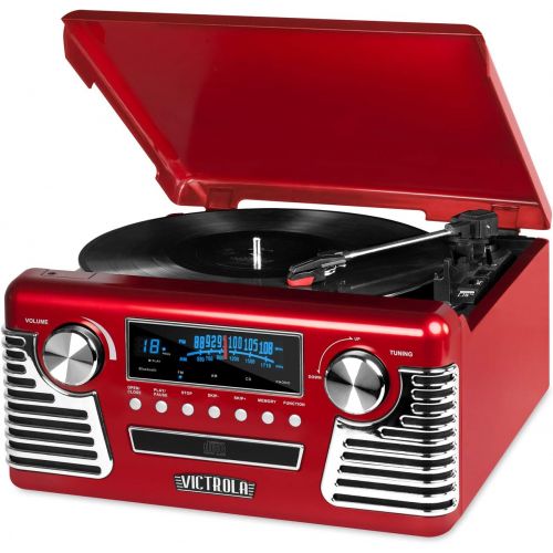  [아마존베스트]Victrola 50s Retro 3-Speed Bluetooth Turntable with Stereo, CD Player and Speakers, Red