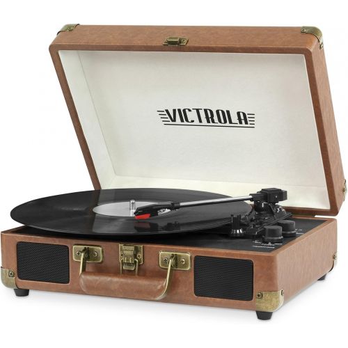  [아마존베스트]Victrola Vintage 3-Speed Bluetooth Suitcase Turntable with Speakers, Brown