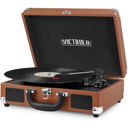  [아마존베스트]Victrola Vintage 3-Speed Bluetooth Suitcase Turntable with Speakers, Cognac