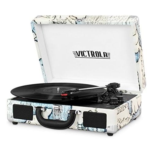  [아마존베스트]Victrola Vintage 3-Speed Bluetooth Suitcase Turntable with Speakers, Retro Map