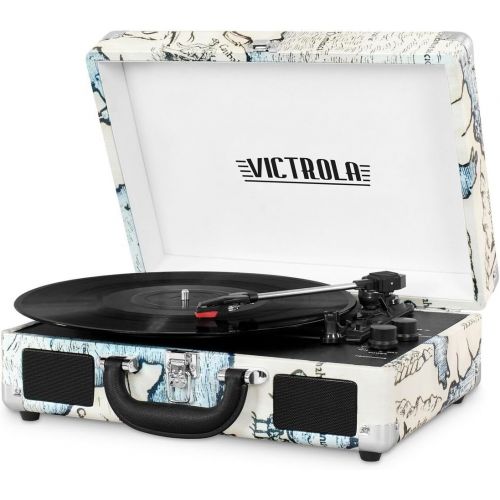  [아마존베스트]Victrola Vintage 3-Speed Bluetooth Suitcase Turntable with Speakers, Retro Map