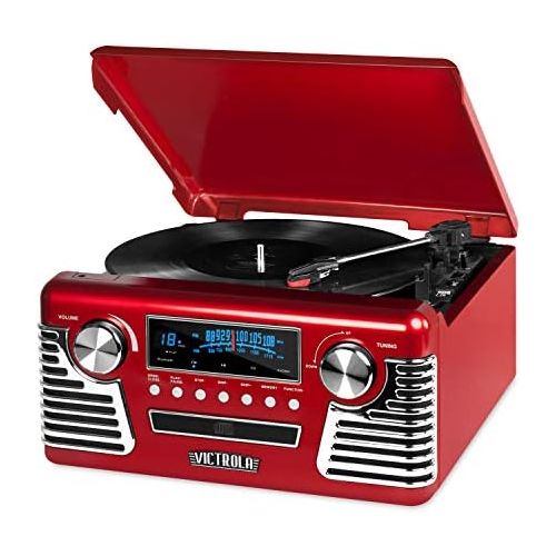  Victrola 50s Retro 3-Speed Bluetooth Turntable with Stereo, CD Player and Speakers, Red