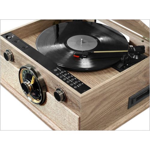  Victrola 6-in-1 Bluetooth Record Player with 3-Speed Turntable, CD, Cassette Player and AM/FM Radio, Farmhouse Oatmeal