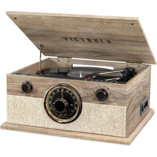  Victrola 6-in-1 Bluetooth Record Player with 3-Speed Turntable, CD, Cassette Player and AM/FM Radio, Farmhouse Oatmeal